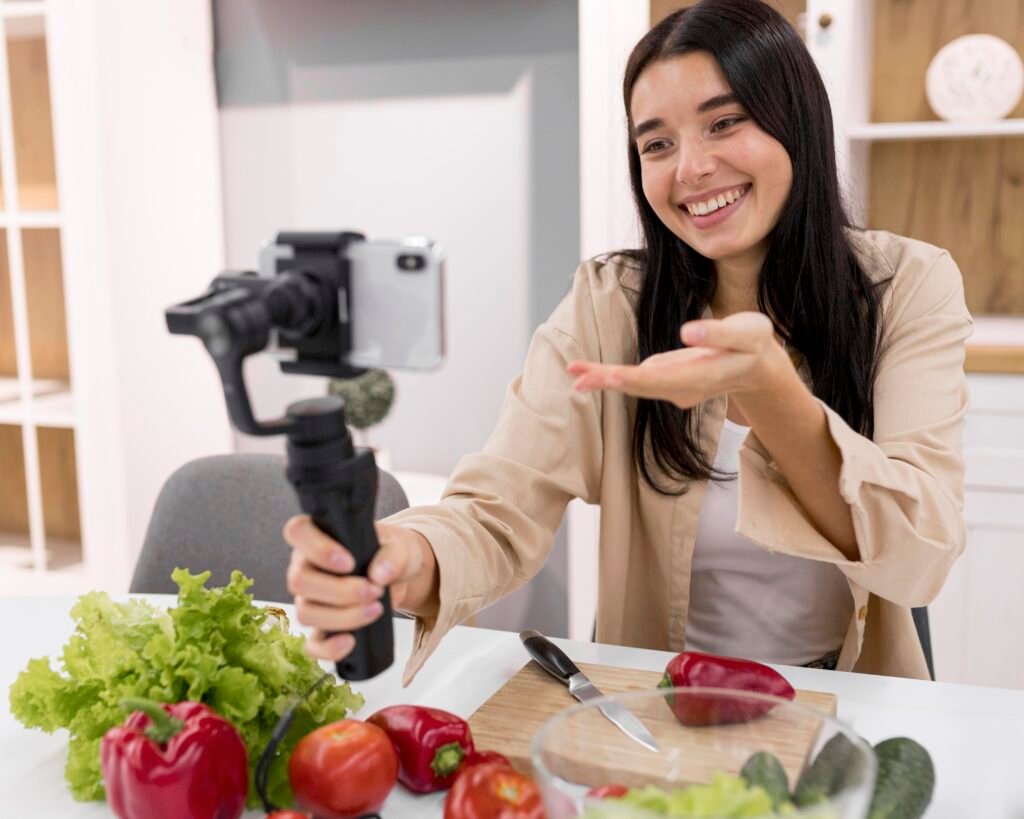 woman vlogging home with smartphone vegetables